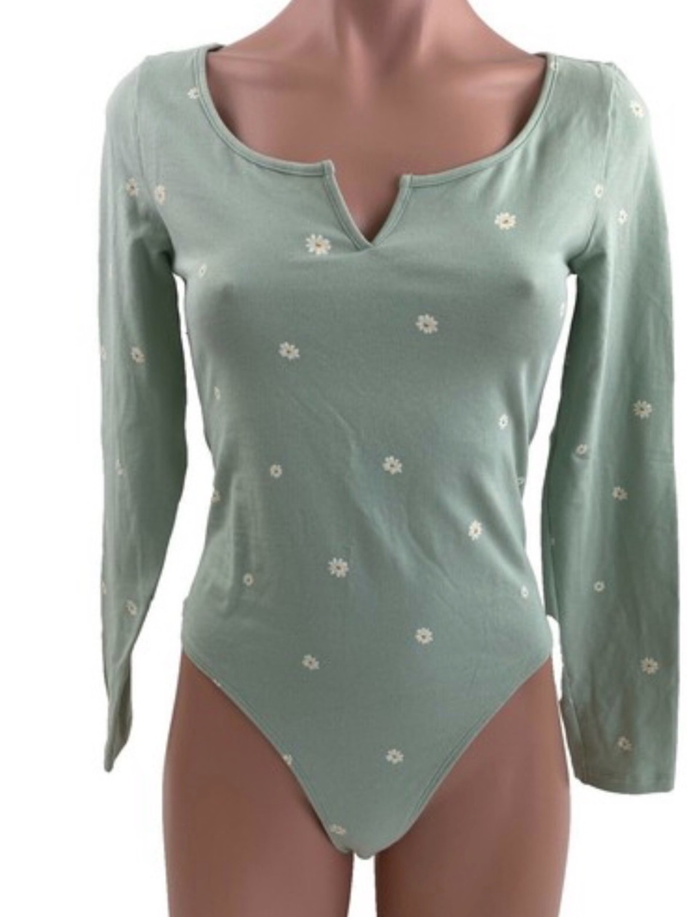 PINK Victoria's Secret Sage Green Floral Notch-Neck Long Sleeve Bodysuit